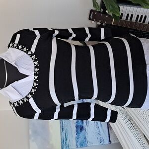 Black and White Striped Sweater with Embellished Collar